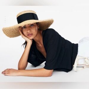 Zara Straw Hat Raffia Wide Black Ribbon Frayed Raw Trim Adjustable Medium Sun